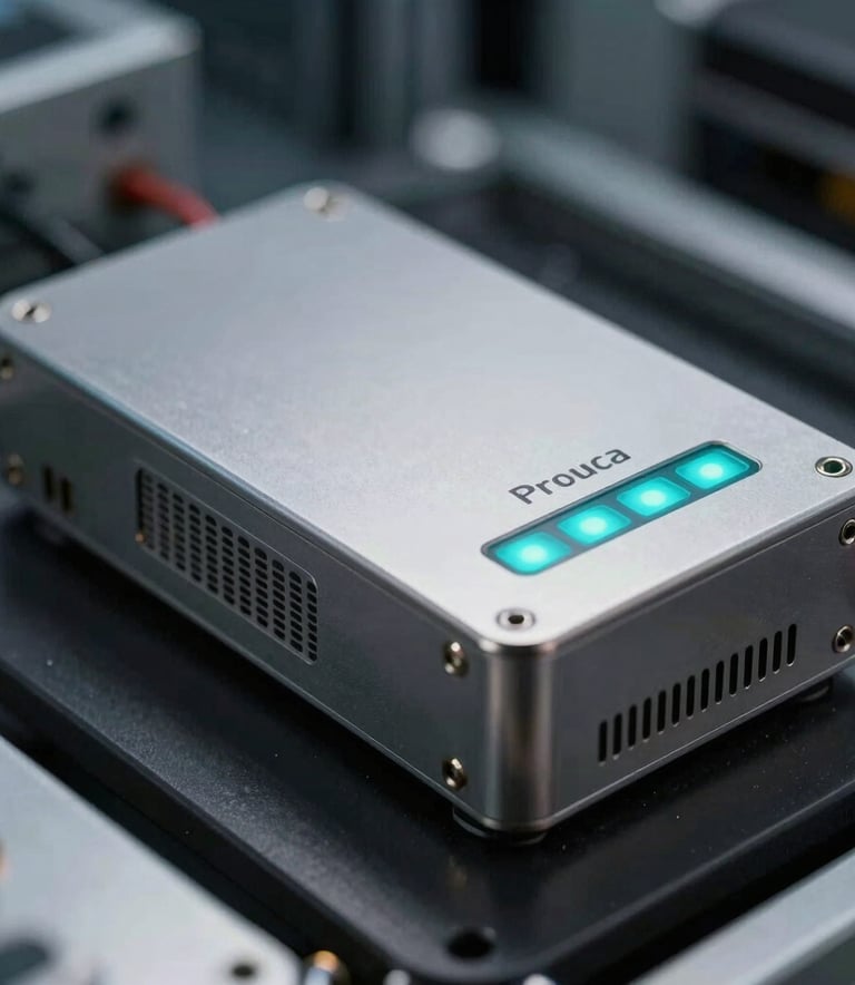 Macro photography of a secure cryptographic hardware device in a French data center, featuring polished metal surfaces and subtle teal status lights.
