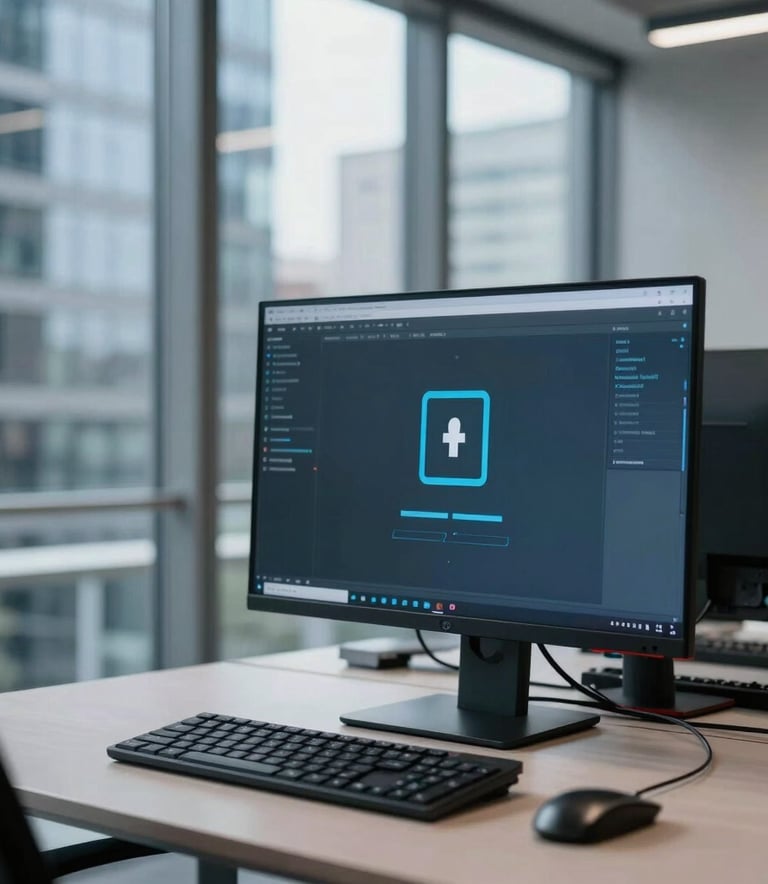 A modern workstation in a French business district office, soft light through glass windows reflecting Steel Blue and Mist Gray tones, professional security software visible on a blurred high-end monitor, emphasizing technical expertise.