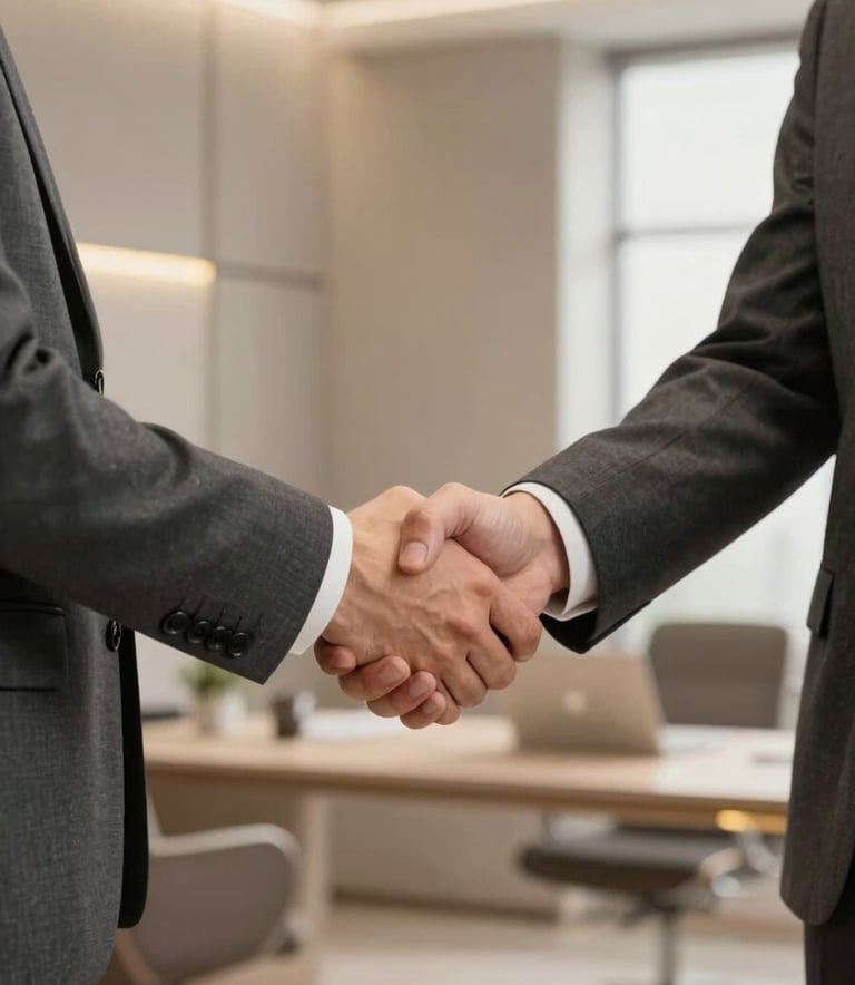 A close-up shot of two professionals in charcoal suits shaking hands in a bright, modern office with soft taupe walls and gold lighting accents.