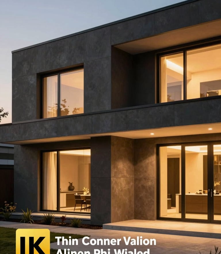 Exterior photography of a high-end contemporary home with sleek lines and charcoal cladding, illuminated by warm gold light at twilight.