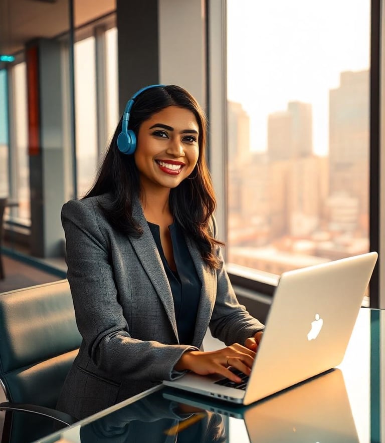 a woman in a corporate attire smiling and is wearing a blue headphone