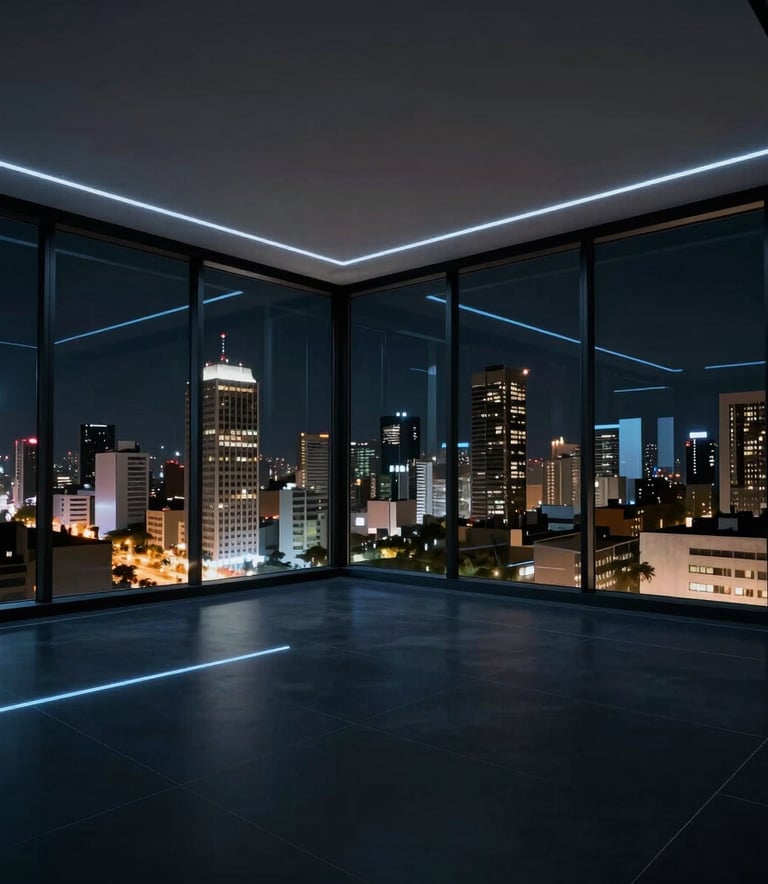 A wide-angle professional photograph of a futuristic tech office in a Brazilian metropolis at night. The interior is minimalist with dark textures and subtle neon blue glowing lines. Through the large glass windows, the city lights are visible. South American urban setting, cinematic lighting, sleek professional style.