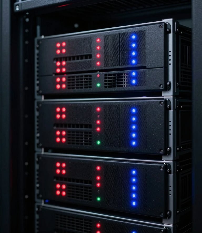 A detailed macro photograph of a modern server rack in a data center. Sleek black hardware with glowing red and neon blue indicator lights. The lighting is low-key and dramatic, emphasizing precision and high-tech infrastructure. Clean, professional composition.