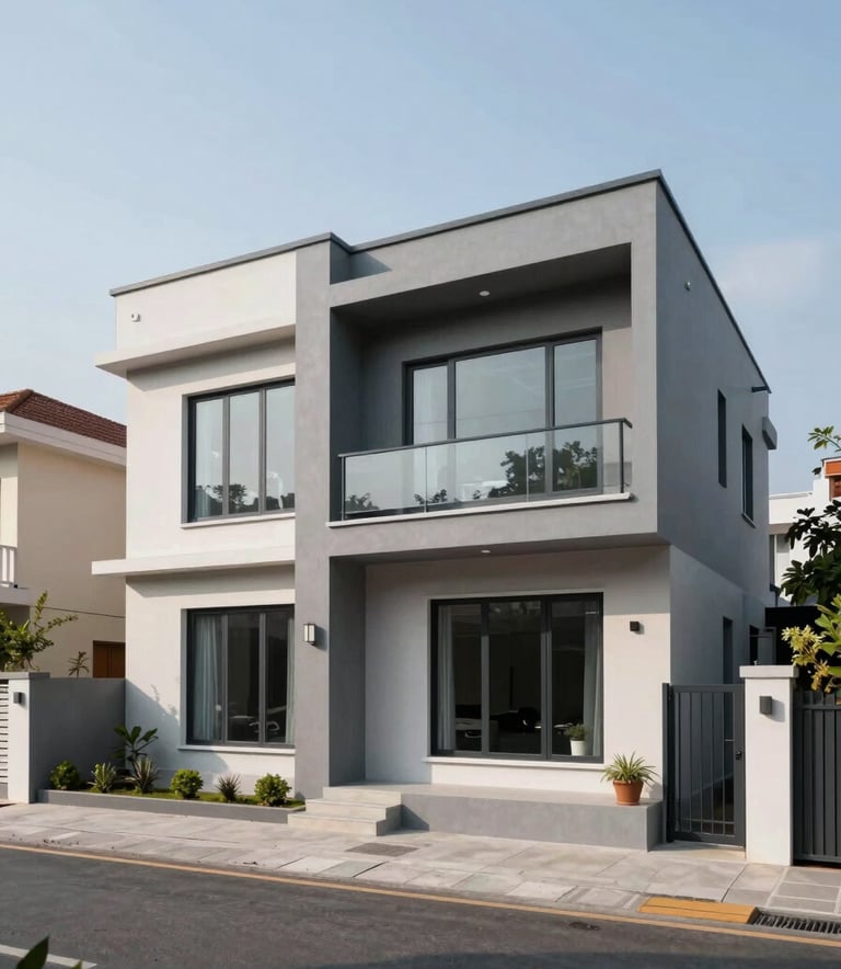 A wide photography shot of a beautiful, modern residential villa in a South Asian / Indian urban neighborhood, featuring clean lines, large windows, and a cloud grey exterior under clear daylight.