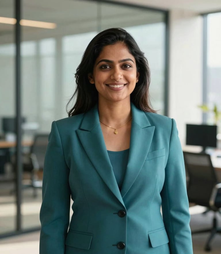 A professional and friendly portrait of Nandini, a South Asian woman in her early 30s, dressed in a sharp teal business suit. She is smiling warmly towards the camera in a modern, sunlit office with blurred glass walls in the background. The lighting is soft and natural, emphasizing a trustworthy and expert real estate persona.