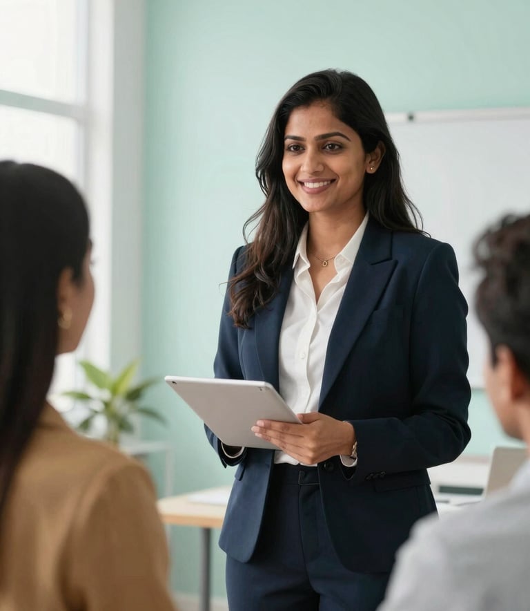A professional and friendly South Asian / Indian woman real estate agent showing a modern property layout to a young couple in a bright, sunlit office with pale mint accents.