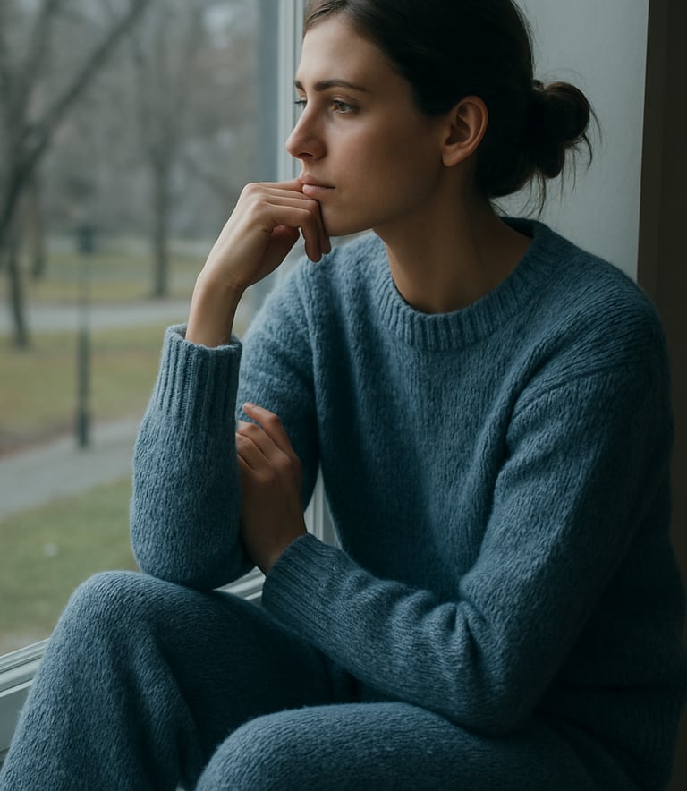 A person in comfortable, high-quality knitwear sitting in a thoughtful pose by a window overlooking a quiet Central European park, soft muted blue and grey tones, emphasizing realistic self-care and introspection.