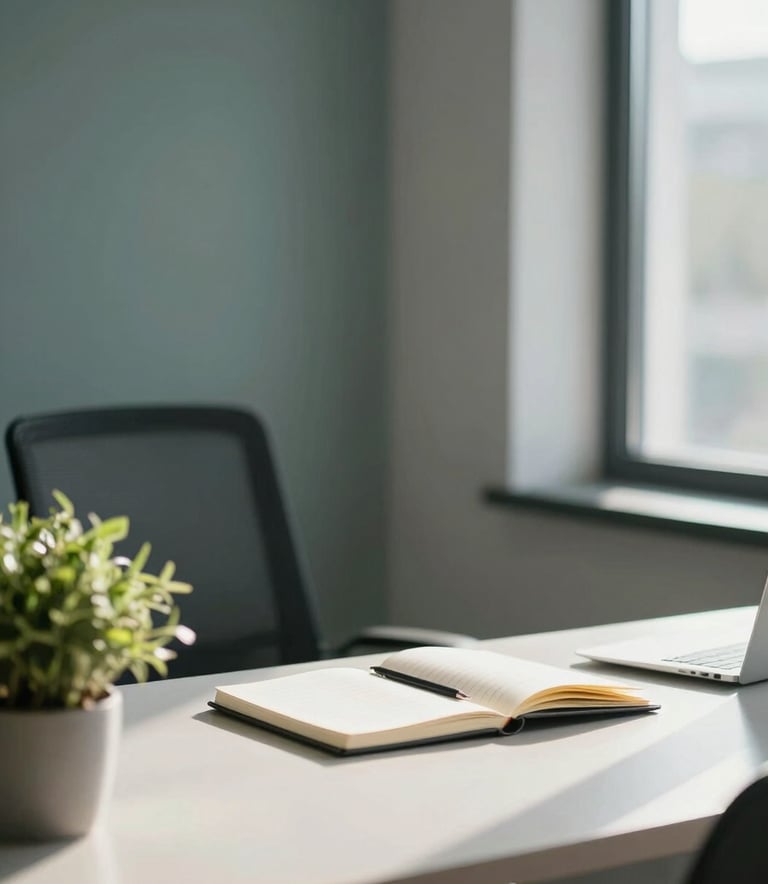 A calm, professional atmosphere in a Central European office setting. A modern desk with a notebook and a small green plant, soft natural sunlight streaming through a window, muted blue-gray and sage green tones, high-quality photography.