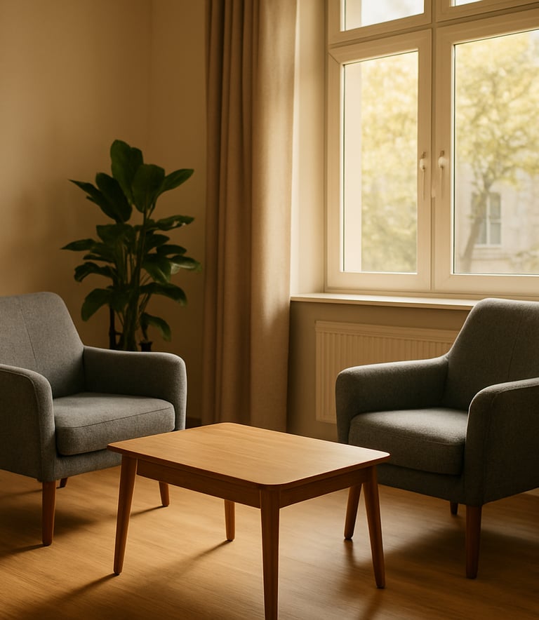 A warm, brightly lit professional therapy office in Poland with comfortable grey armchairs, a soft green plant in the corner, and large windows letting in natural morning light, creating an atmosphere of empathy and calm.
