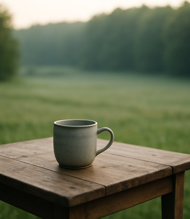 A serene Central European landscape with a soft-focus forest background in sage green. In the foreground, a simple wooden table with a ceramic cup, symbolizing a calm and grounded lifestyle. Soft morning light, empathetic and professional style.