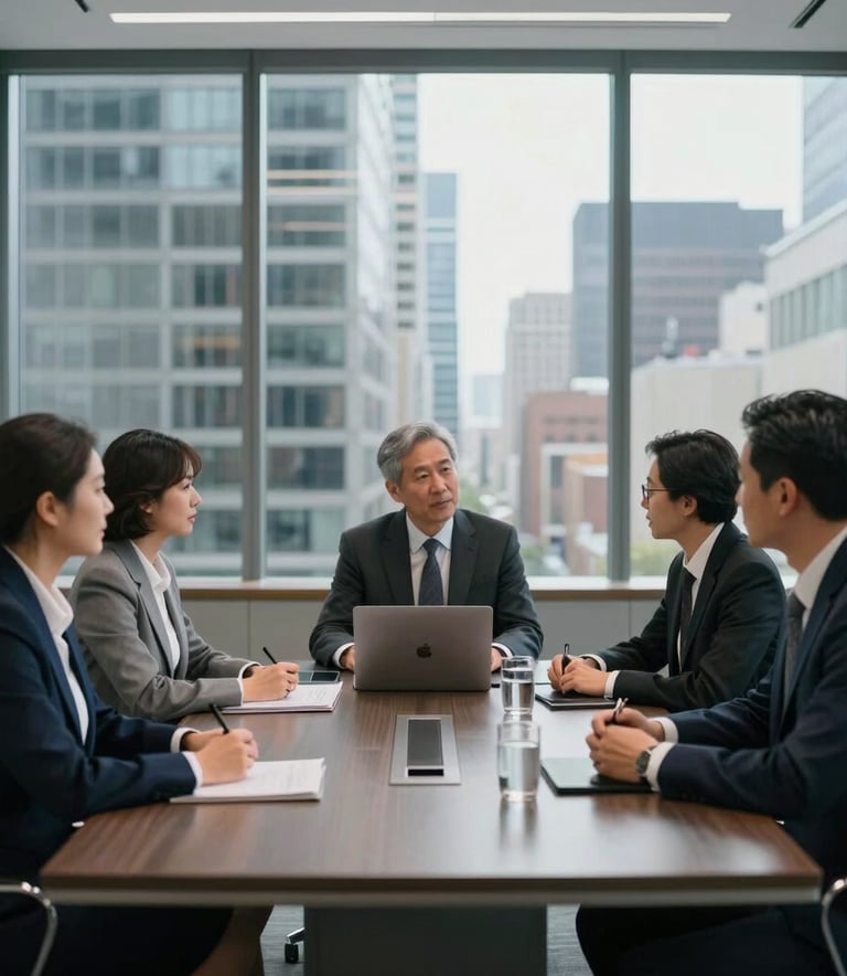 A group of professional real estate experts in a collaborative meeting around a sleek conference table. The environment is a modern, high-rise office in a North American city, with a palette of dark navy and soft gray.