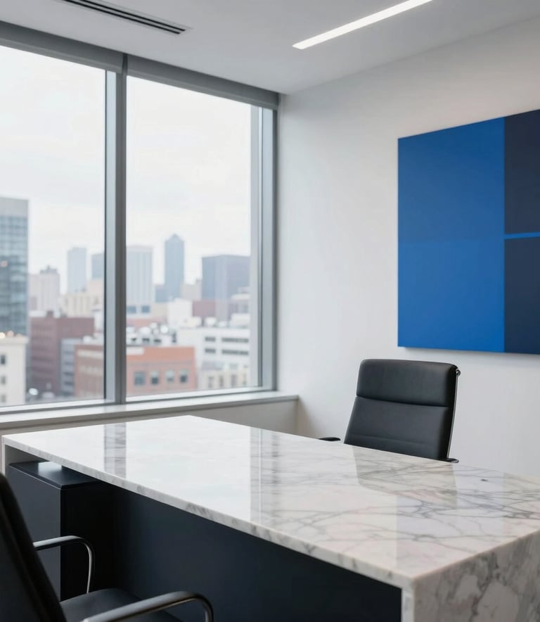 A sophisticated, high-end North American real estate office interior. Clean white walls, a large window showing a blurred cityscape, and a minimalist marble desk. The lighting is soft and natural, reflecting a professional and trustworthy atmosphere with accents of dark navy and electric blue in the decor.