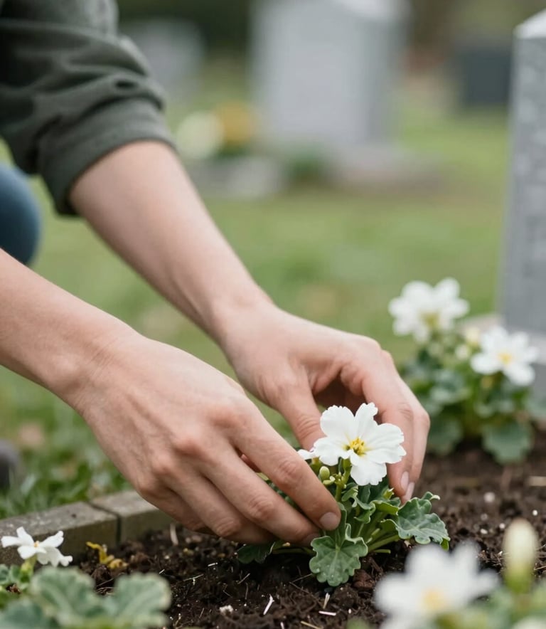 A close-up of a volunteer's hands gently tending to a flower bed in a peaceful cemetery garden. The image features soft textures and a calming atmosphere, with muted greens (#6C7C71) and clean white flowers (#F7F9F7) in soft focus in the background.