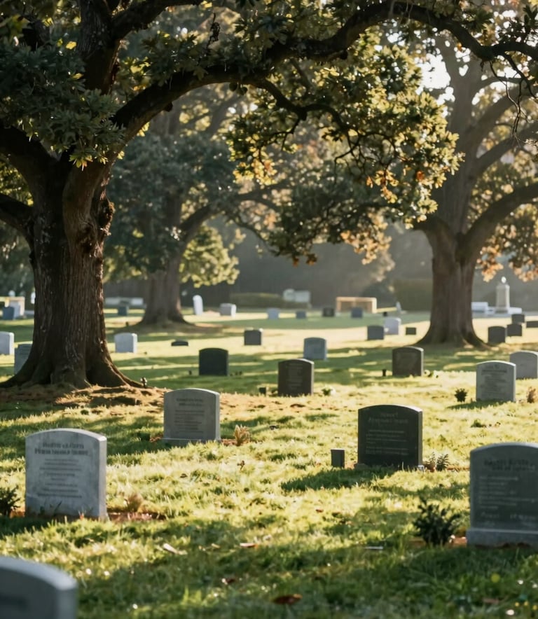 A wide-angle, peaceful shot of the Narrows Farm and Pet Cemetery during early morning. Sunlight filters through oak trees, casting soft shadows over a field of manicured grass and small, dignified memorial stones. The color palette features natural shades of deep green (#3C4B40) and light sage (#B5C0B7).
