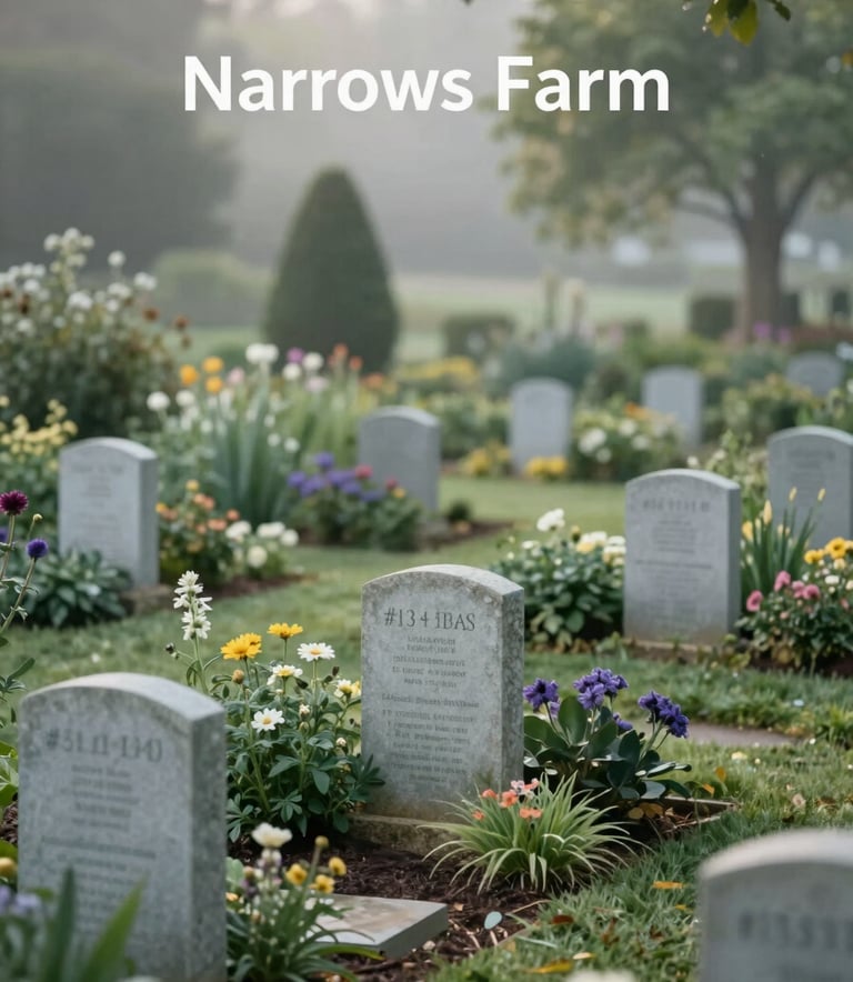 A peaceful memorial garden path at Narrows Farm, featuring soft stone markers nestled among native Ohio flowers. The lighting is early morning mist, creating a serene, respectful atmosphere. Palette incorporates #3C4B40 greens and #B5C0B7 sage tones.