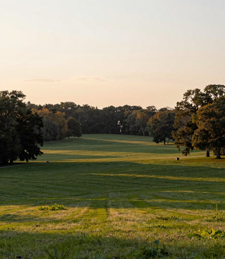 A panoramic view of the Narrows Farm grounds in Ohio, showing rolling green lawns and mature trees. The composition is wide and peaceful, captured in soft sunset light. The colors emphasize the #3C4B40 and #6C7C71 natural landscape tones.