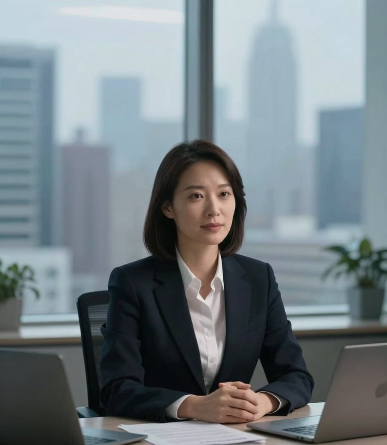 A professional consultant sitting at a desk in a modern North American / Canadian office, dressed in professional attire. The background features large windows with a view of a city skyline, softly lit with frosted mist and soft sky blue tones. Sophisticated and trustworthy atmosphere.