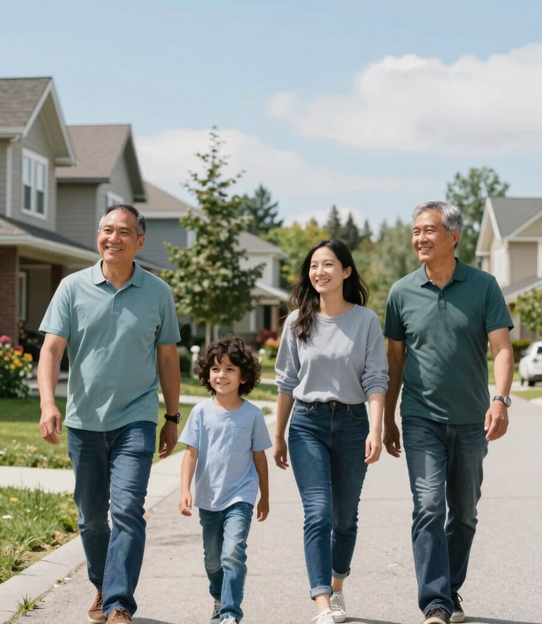 A happy family walking together in a beautiful North American / Canadian suburban neighborhood, smiling and looking optimistic. Bright natural lighting with accents of forest teal and soft sky blue in their clothing. Approachable and modern photography.