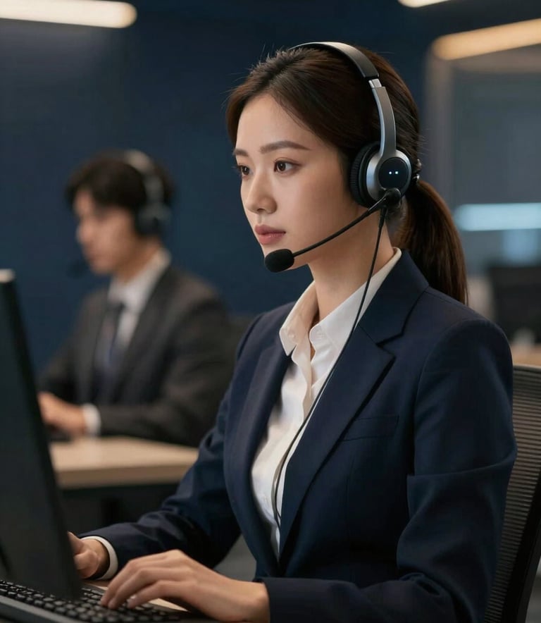 A professional customer service representative wearing a sleek headset in a high-tech, modern command center. The lighting is premium and cinematic, featuring subtle #C0A272 gold highlights against a #0A1D2F deep navy environment, symbolizing 24/7 reliability and professionalism.