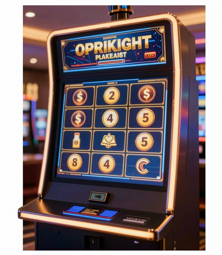 A close-up shot of a modern, premium slot machine display showing glowing jackpot symbols, with elegant lighting and a palette of gold and navy blue, captured in a high-end gaming lounge style.