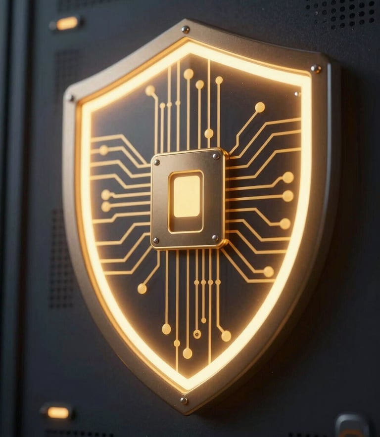 Close-up of a high-tech digital security shield glowing with #C0A272 gold light on a dark #0A1D2F background. The image features modern circuitry patterns and represents robust, unbreakable server security and trust.