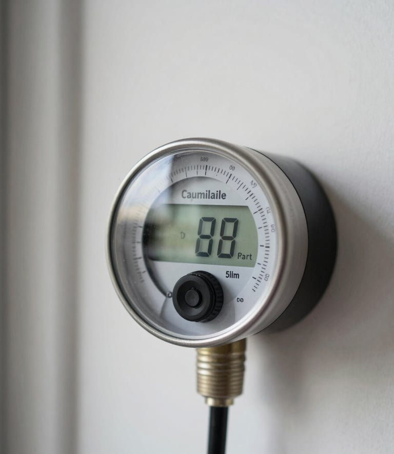 A close-up shot of an energy meter in a modern Brazilian apartment, showing a digital display, clean white walls in the background, sharp focus, natural daylight.