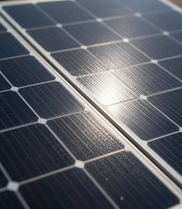 Detailed close-up of high-quality monocrystalline solar cells under direct sunlight, featuring deep black and shimmering silver textures. The lighting is sharp and technological, emphasizing innovation and premium energy solutions.