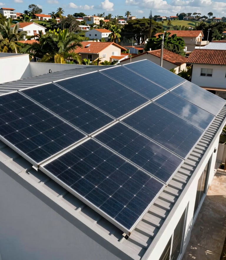 A high-angle shot of a premium residential roof in a South American / Brazilian neighborhood featuring a large, sleek array of modern black solar panels reflecting a bright blue sky. Professional, clean, and modern photography.