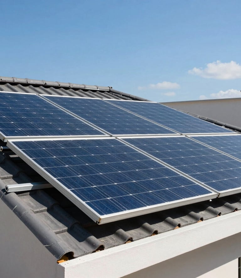 Clean, high-quality solar panels installed on a modern residential roof under a bright blue Brazilian sky, crystal clear photography, technological and sustainable feel.