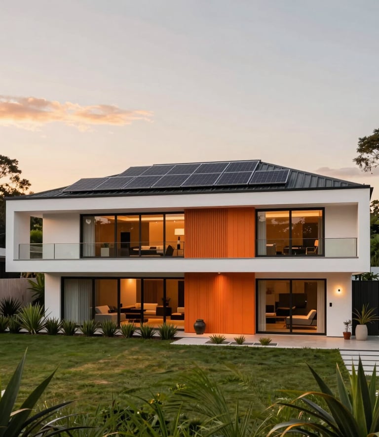 A premium South American modern house with solar panels on the roof, lush green garden, warm sunset lighting, high-end architecture, orange and white tones.
