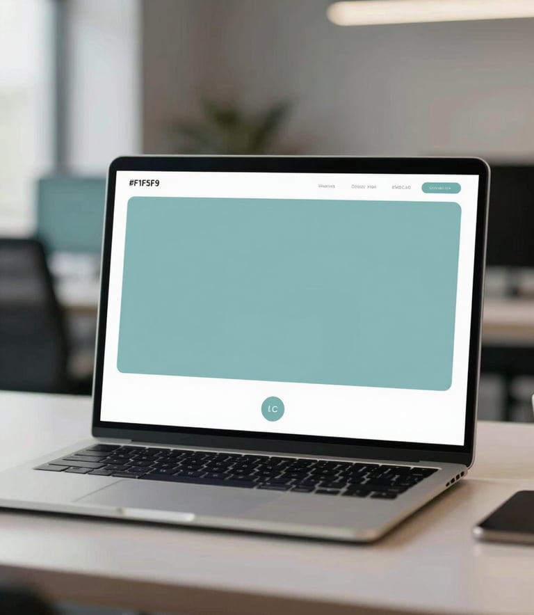 A minimalist and clean modern workspace. A sleek laptop sits on a polished desk with a blurred background of a contemporary digital agency. The color palette incorporates shades of #F1F5F9 and #6C8CA3, creating a calm and professional atmosphere.