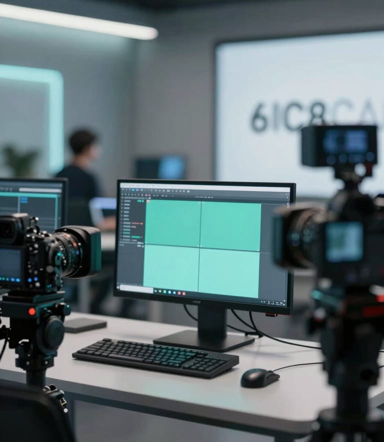 A sophisticated digital production studio setup with high-end cameras and editing monitors, featuring glowing accents in #6C8CA3 and #F1F5F9, modern and professional atmosphere.