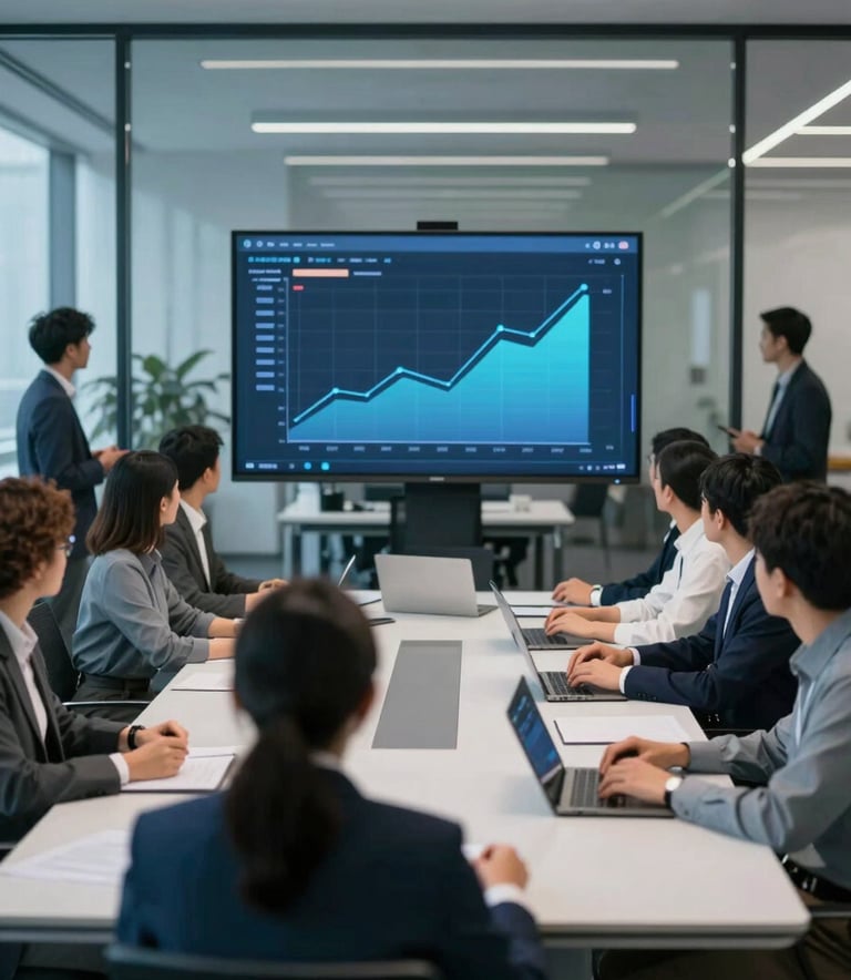 A sophisticated digital strategy meeting in a high-tech office. A diverse team of professionals is seen from a distance, with reflections on glass windows. The room has a modern blue lighting aesthetic with accents of #0D1B2A and #21364F. Sharp focus on a digital screen displaying growth charts.