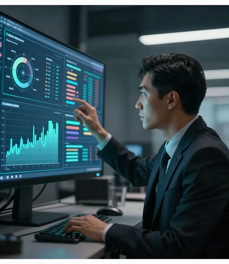 A professional business professional analyzing holographic data charts in a dark, high-tech office environment, colors focused on #21364F and #6C8CA3.