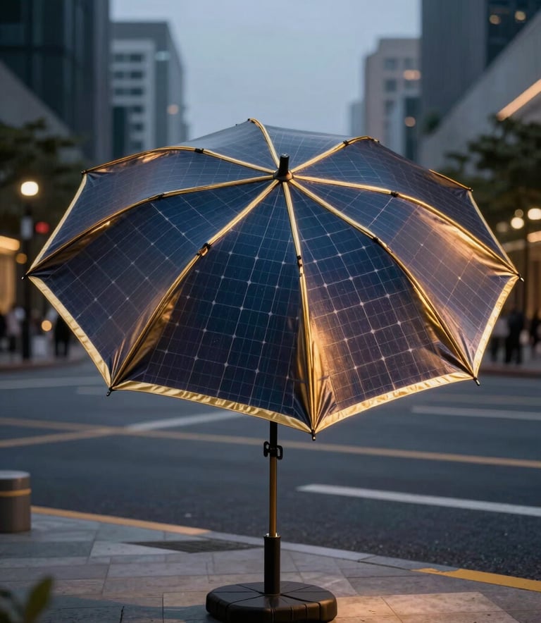 Professional outdoor photograph of a high-tech solar-powered umbrella with metallic gold trim, illuminating a modern street corner at dusk.