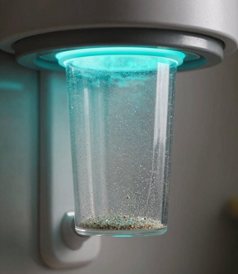 Close-up photography of a transparent laundry filter containing tiny particles, attached to a sleek metallic appliance, dramatic neon cyan lighting from the side.