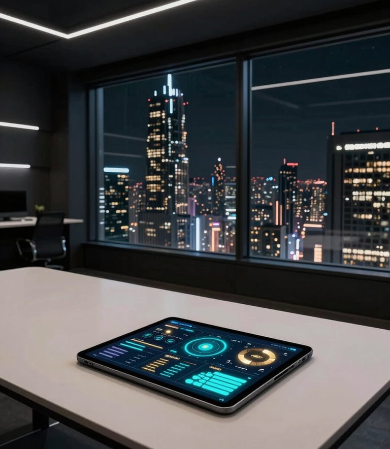 A wide-angle interior photograph of a dark, high-tech workspace. A large window overlooks a futuristic cityscape at night. On a sleek table, a digital tablet displays glowing business analytics in electric cyan and starlight gold. The room is mostly cosmic black and soft off-white.