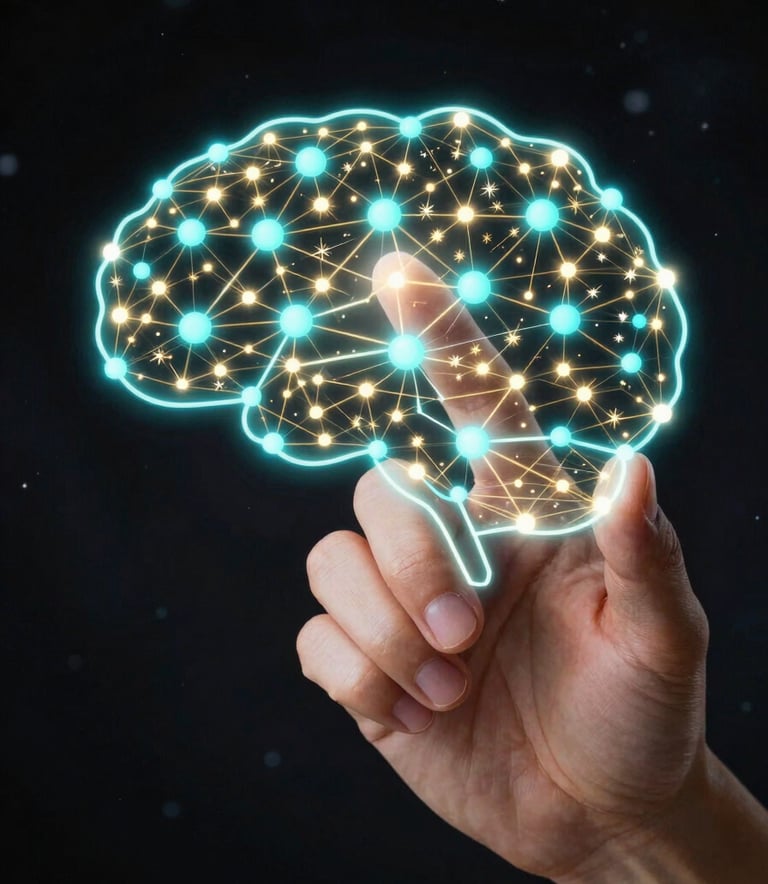 A detailed photograph of a hand touching a glowing holographic projection of a mind map. The nodes glow in electric cyan, while the connecting lines are starlight gold. The background is a deep, out-of-focus cosmic black.