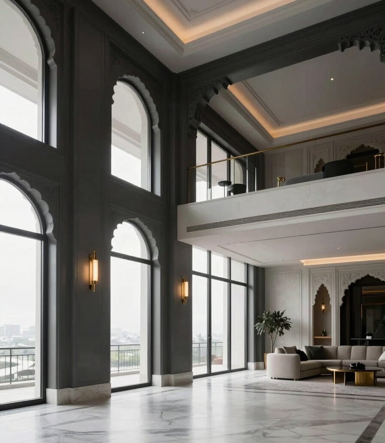 A wide-angle, minimalist interior of a luxury penthouse in Islamabad, designed with a charcoal and white palette. Elegant South Asian / Pakistani architectural features, large floor-to-ceiling windows, and sophisticated gold-finished light fixtures.