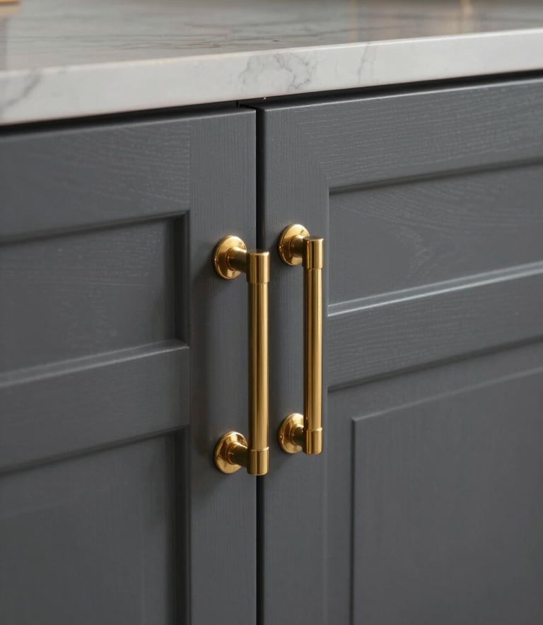 A close-up photograph of high-end custom cabinetry with charcoal finishes and gold hardware, showcasing premium South Asian craftsmanship in a luxury Islamabad home.