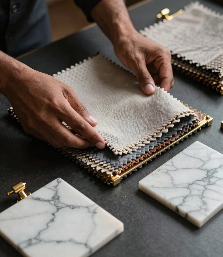 A focused close-up of a South Asian / Pakistani architect's hands reviewing high-end fabric swatches and marble samples on a sleek charcoal-colored desk. The lighting is professional and moody, highlighting the textures of gold-accented hardware and white stone.