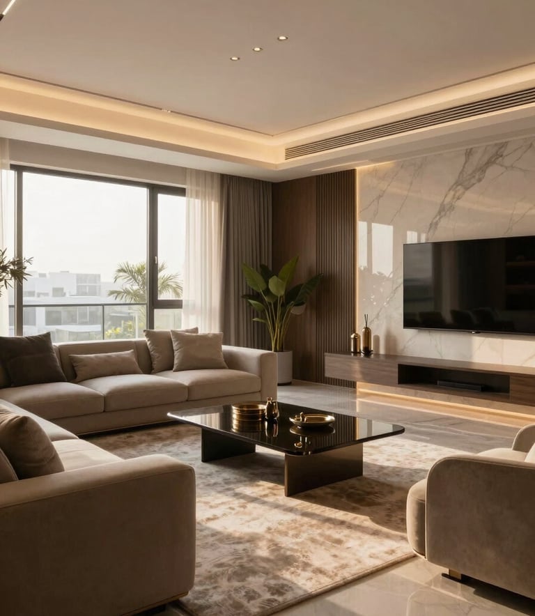 A wide-angle interior photograph of a modern, luxury living room in Lahore, featuring sleek furniture, neutral tones, and sophisticated golden hour lighting.