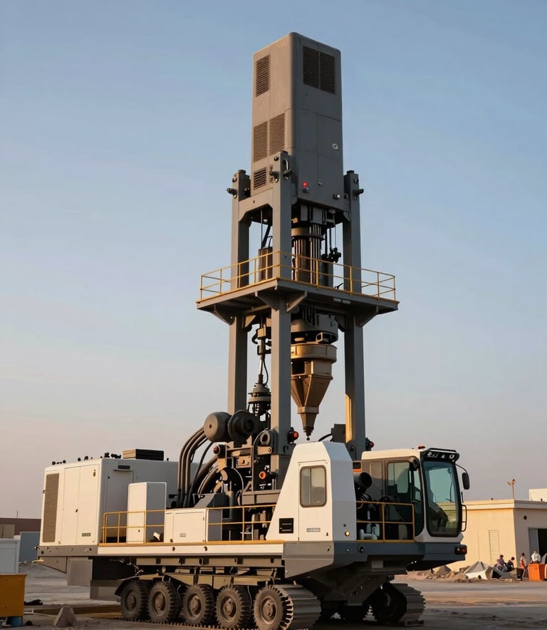 A high-performance crusher machine operating in a quarry in Misfah, Oman. Industrial scale, powerful machinery, professional photography during the golden hour with a Soft Slate Blue sky.