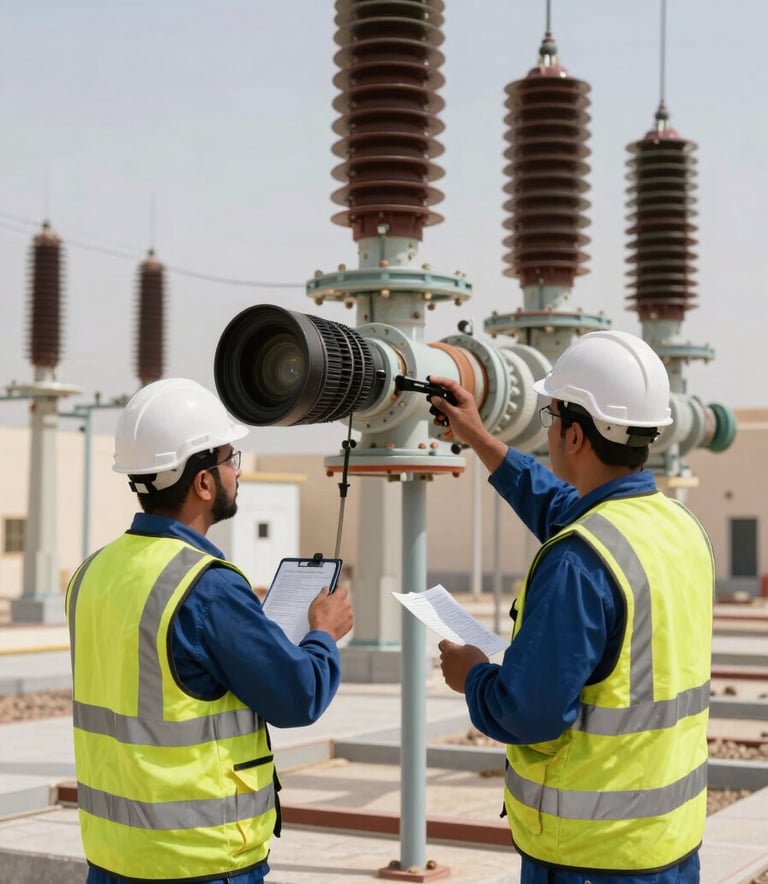 Professional technicians in safety gear working on a major electrical installation at a government facility in Muscat, a Middle Eastern / Omani setting. The mood is precise and expert.