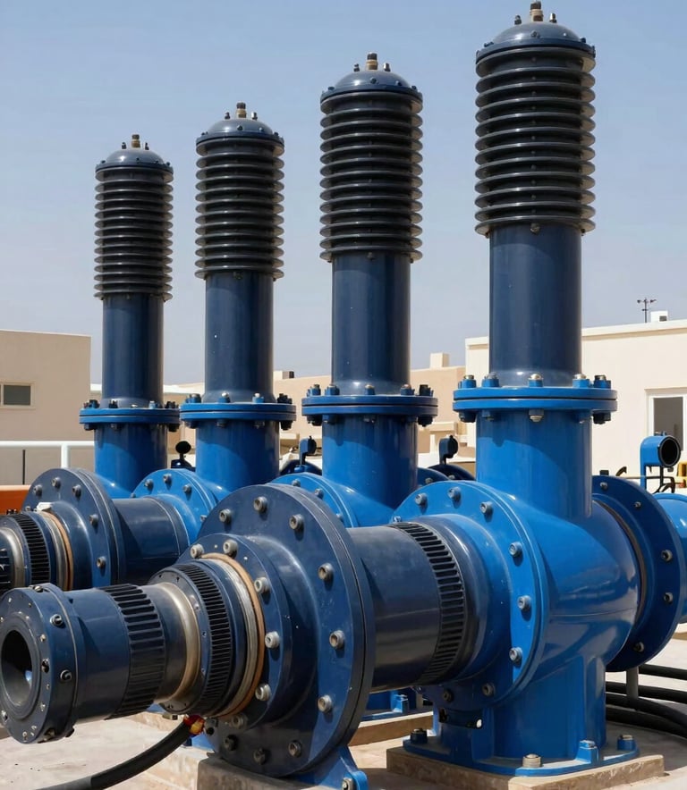 Detailed shot of heavy industrial electrical cables and components. Sharp focus, professional photography in a Middle Eastern / Omani industrial facility. Colors feature Midnight Navy and Deep Ocean Blue tones under clear, bright Muscat sunlight.