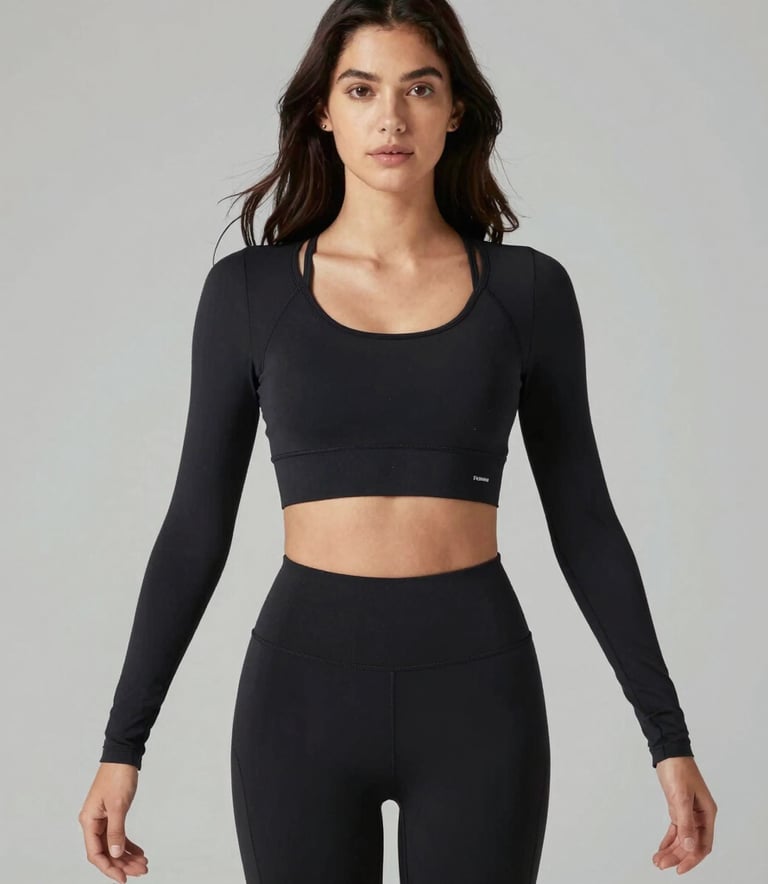 Mujer usando conjunto deportivo negro de moda femenina, compuesto por crop top de manga larga y legg