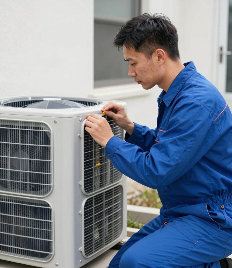 A professional technician in a steel blue uniform inspecting a modern HVAC system inside a North American / US home, focused composition, professional bright lighting.