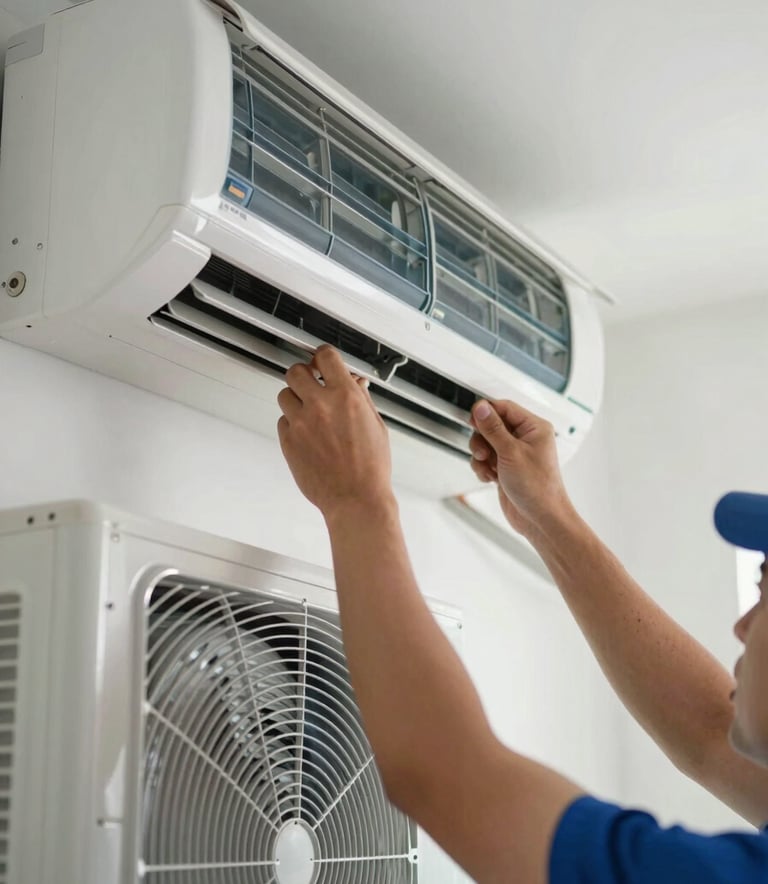 A close-up photograph of a professional technician's hands adjusting a modern, clean air conditioning unit inside a bright North American / US residential utility room. The lighting is crisp and natural, highlighting the metallic surfaces of the HVAC system with accents of Steel Blue and Soft Ice White.