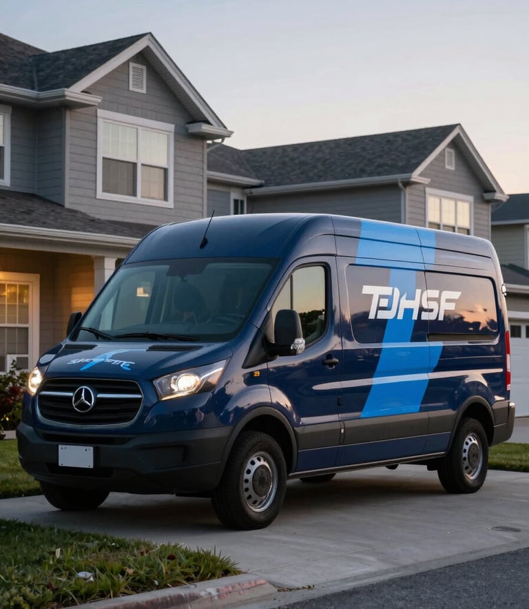 A branded service van with dark navy and steel blue graphics parked outside a North American / US suburban house at dusk, soft evening lighting.