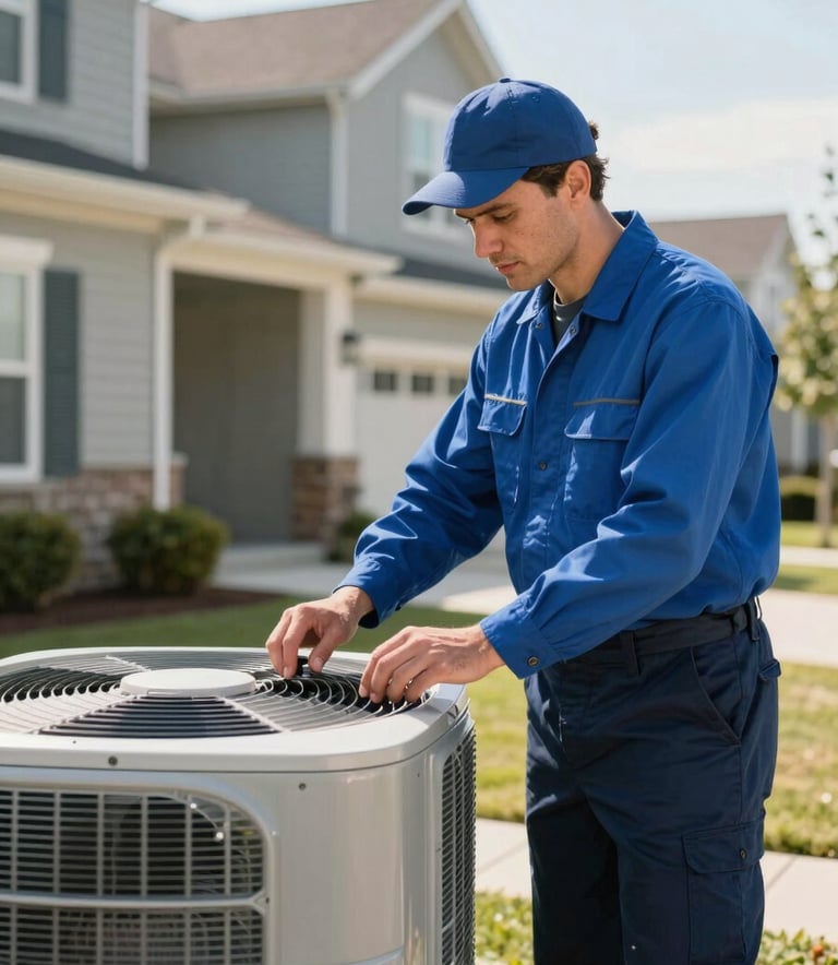 A professional HVAC technician in a clean uniform inspecting an outdoor AC condenser unit outside a modern North American / US suburban home during a sunny afternoon. The scene conveys reliability and expertise, featuring colors like Steel Blue and Dark Navy Blue.